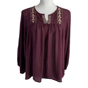 Hazel Purple Blouse XL Babydoll Fit Embroidered Lace Crochet Sheer 3/4 Sleeves